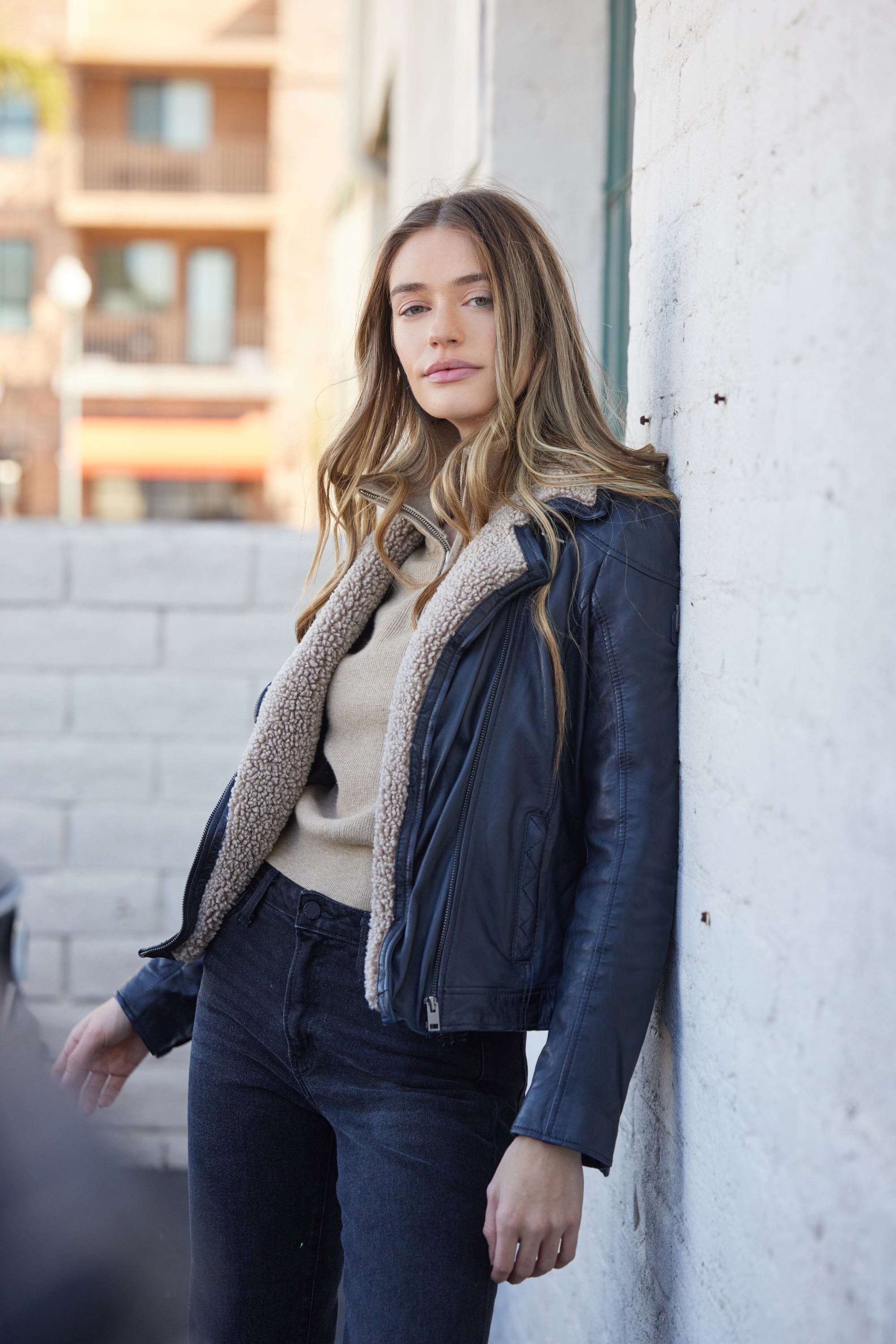 thumbnail image 2 of Women's Navy Blue Lambskin Leather Jacket - Genuine Leather Slim Fit WJ96 2 of 14