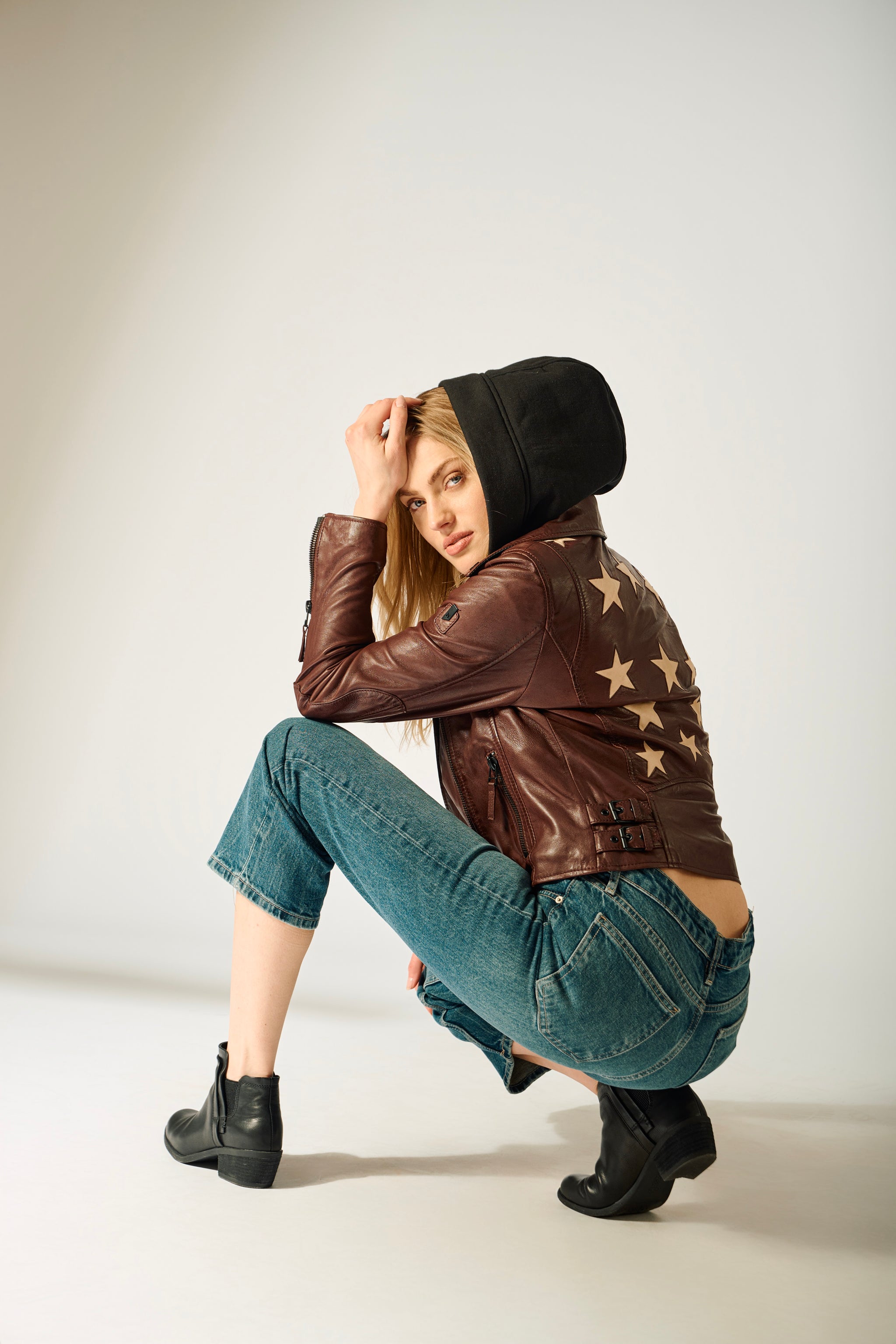 Christyn RF Star Detail with Hood Leather Jacket – mauritiusleather