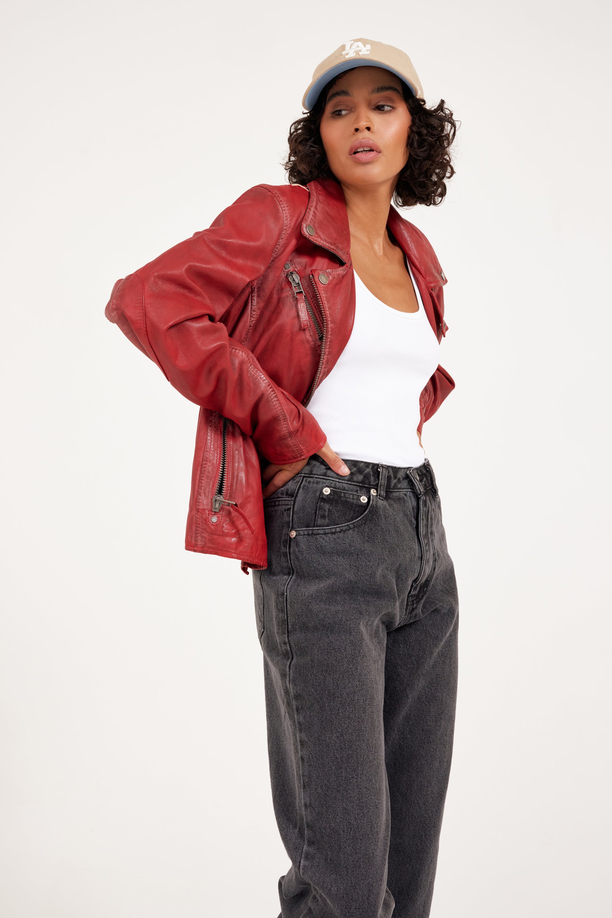 Christy RF Star Detail Leather Jacket, Red – mauritiusleather
